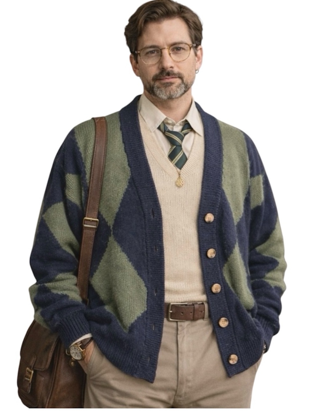 Green & Blue Chunky Cotton Argyle Cardigan Preppy Button Down Men’s L Golf Fall